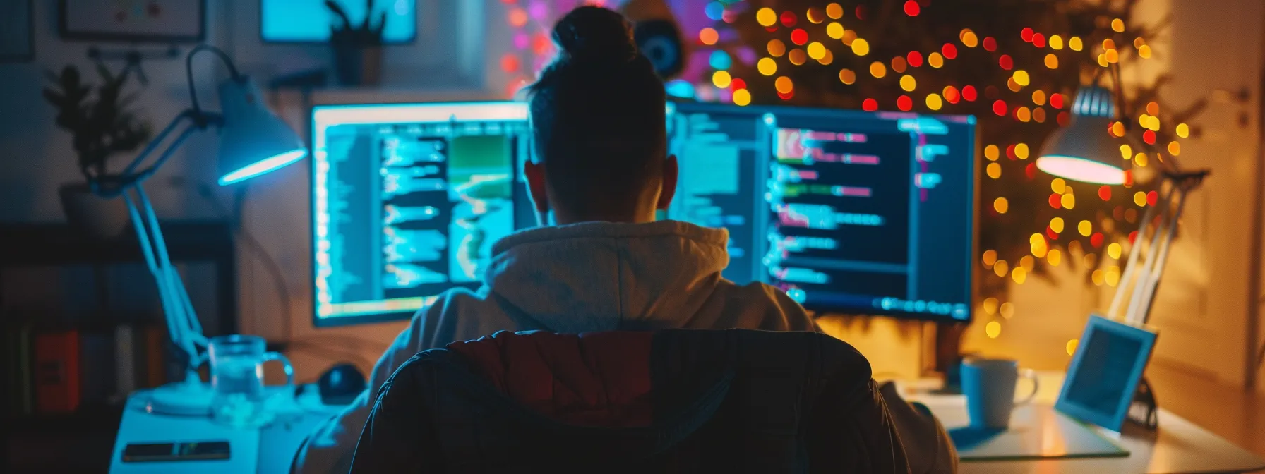 a person sitting at a computer with multiple tabs open, using privacy tools to browse the internet anonymously.