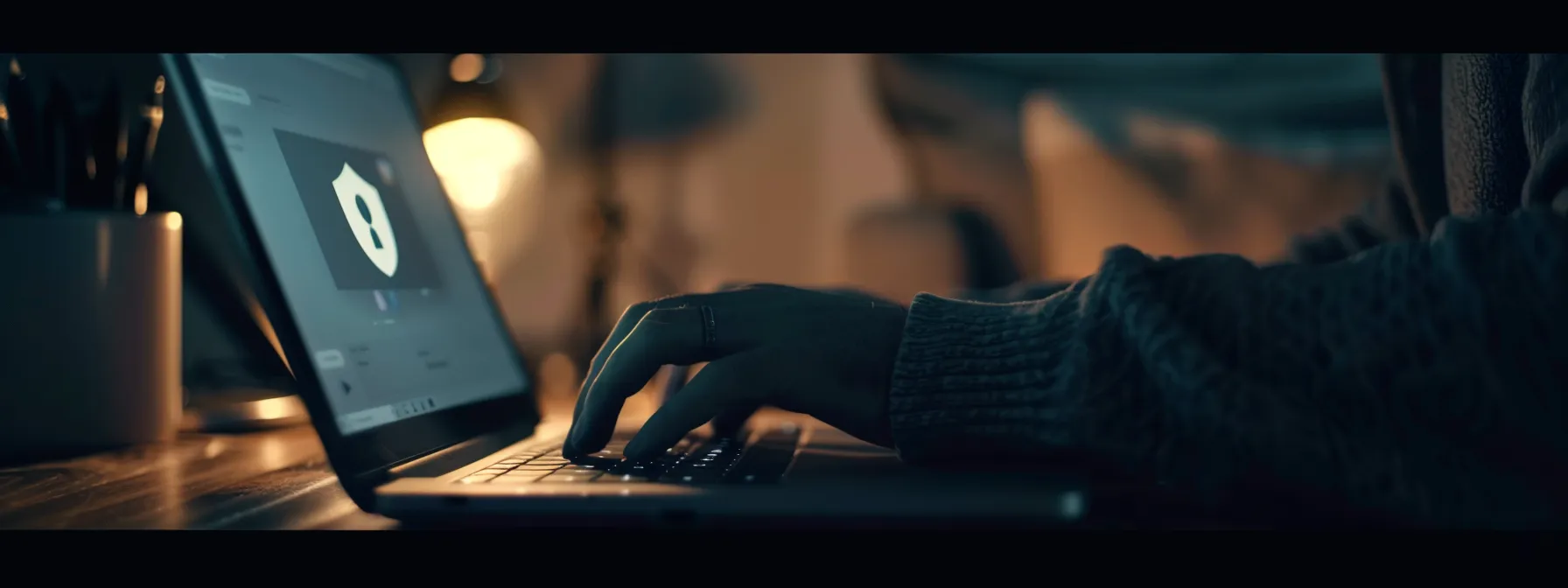 a person using a laptop with a shield icon on the browser, protecting their online identity.