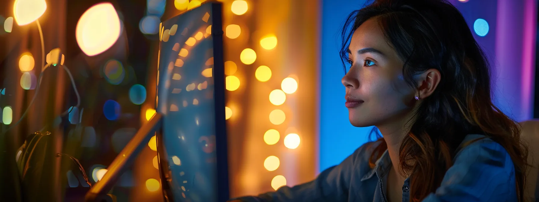 a person sitting at a computer, looking relieved and secure as they observe their digital marketing campaigns with a sense of control and protection.