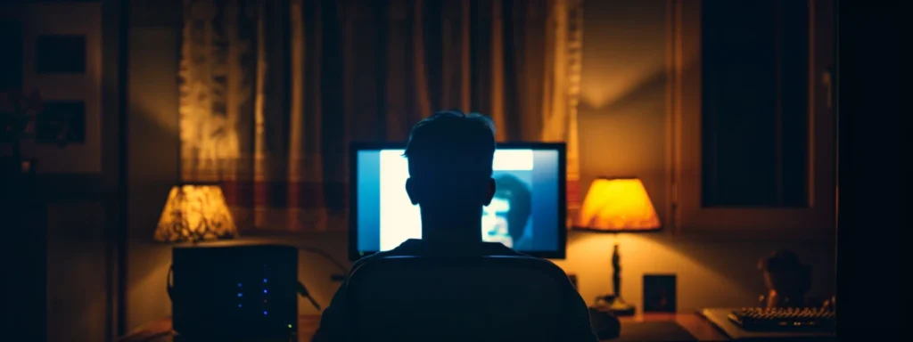 a person sits at a computer in a dimly lit room, their face obscured by the glow of the screen, as they browse the web using an anonymous browser.