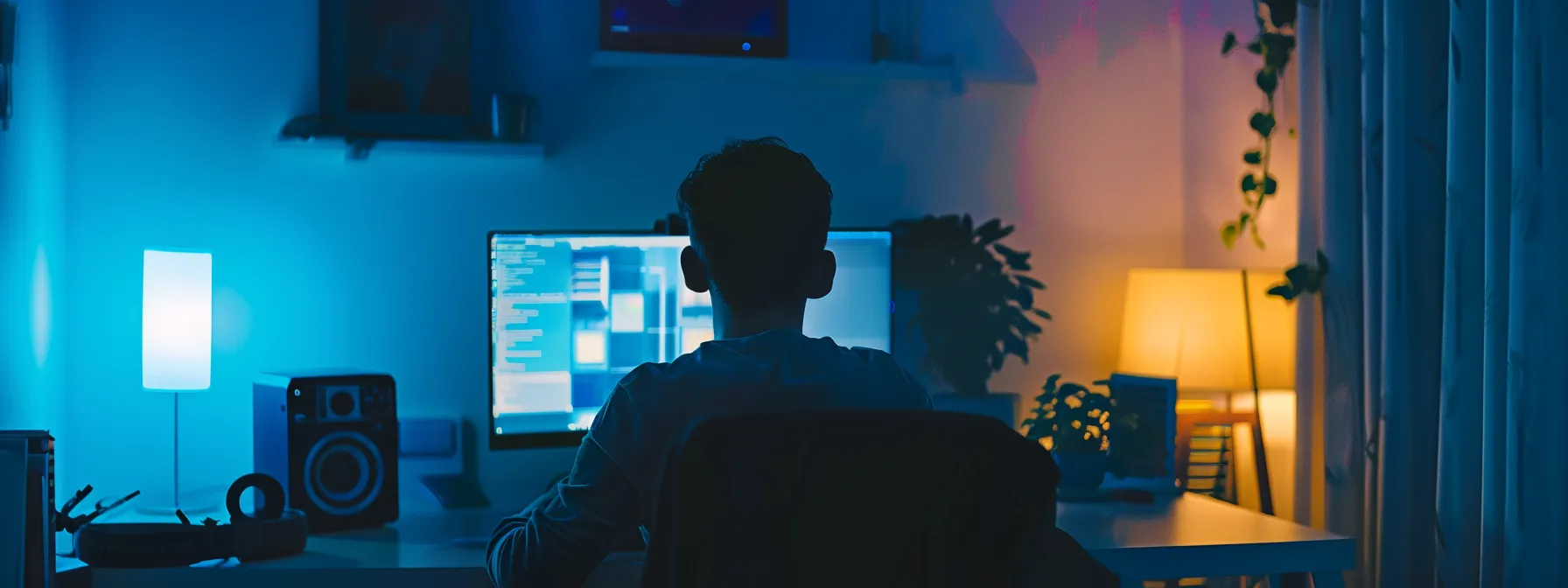 a person sitting at a desk researching online privacy tools on a computer screen.